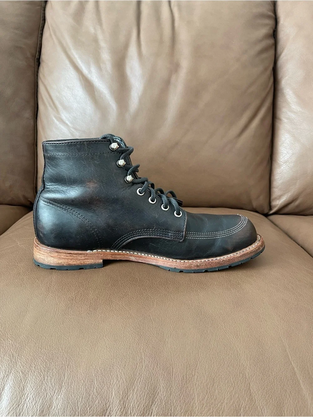 Men's Black Leather Moc Toe Lace-Up Work Boots